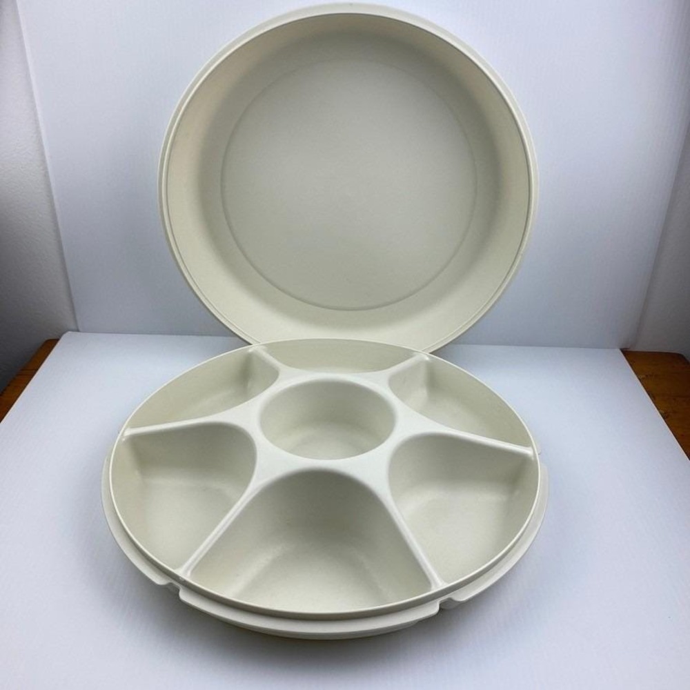 Tupperware Vintage Serving Center Covered Divided Party Tray 2 piece Almond